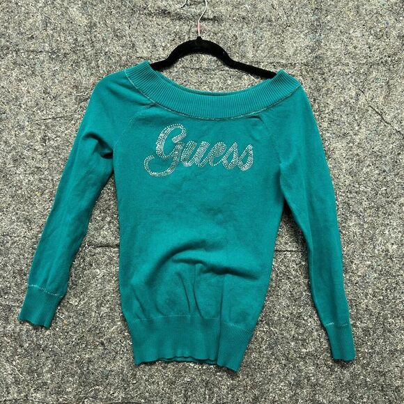 Guess Sweater Women M Blue Long Sleeve Diamonds Comfort Casual - Picture 1 of 10
